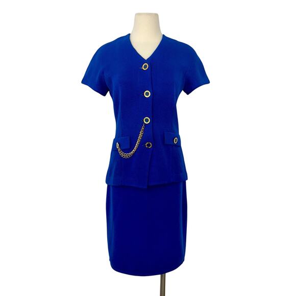 St. John Santana Knit SET Short Sleeve Cardigan and Skirt Blue Vintage | Size 6 - Picture 1 of 13